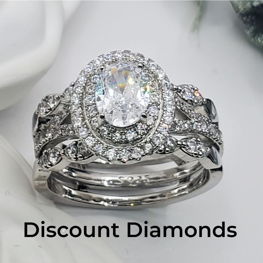 2 Rings - Clear White 2.5 Ct. Oval Halo & Baguette Diamond Rings 925 Silver